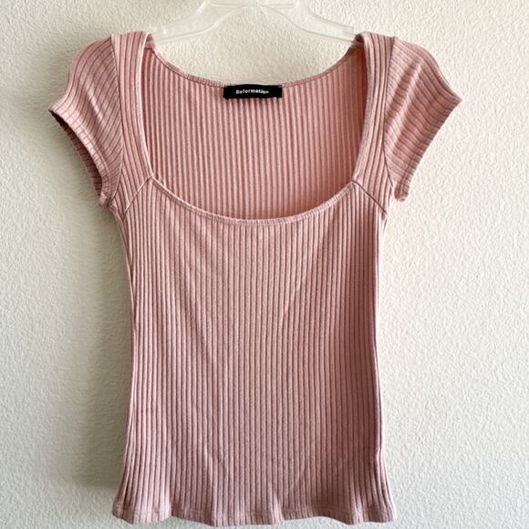 Reformation Cap-Sleeve Ribbed Knit Square Neck Blush Pink Bardot Top Small - Picture 3 of 9
